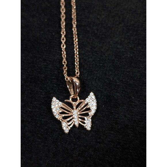 JCM Crystal Rose Gold Tone Butterfly Pave Small Charm Pendant Necklace 20 in - Picture 7 of 10